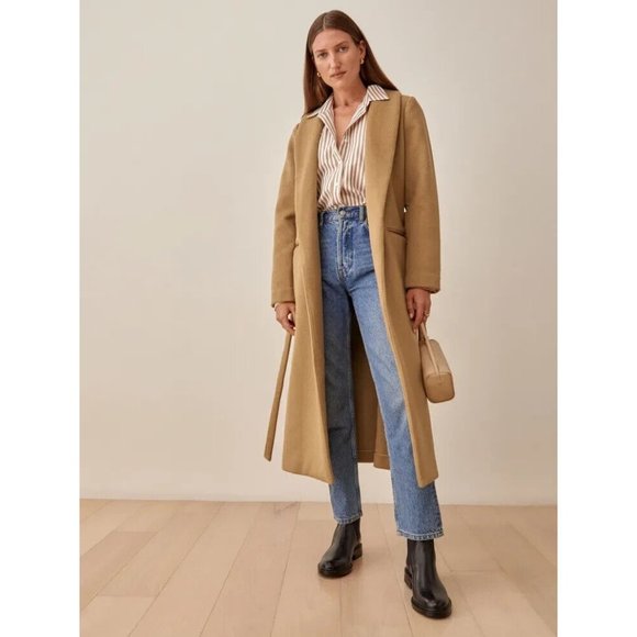 REFORMATION Greenwich Coat Camel L Wool Blend Tan Belted Coat - Picture 3 of 9